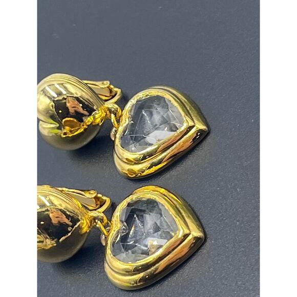 Gold Tone Unsigned Faceted Heart Dangle Clip On Earrings High End - Picture 12 of 13